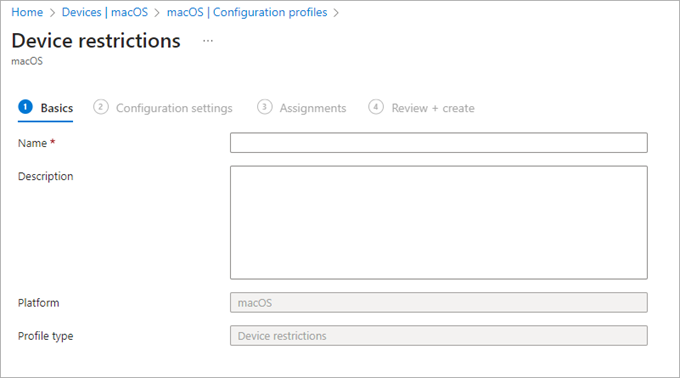 Screen shot of Intune Admin Center, Device Restrictions