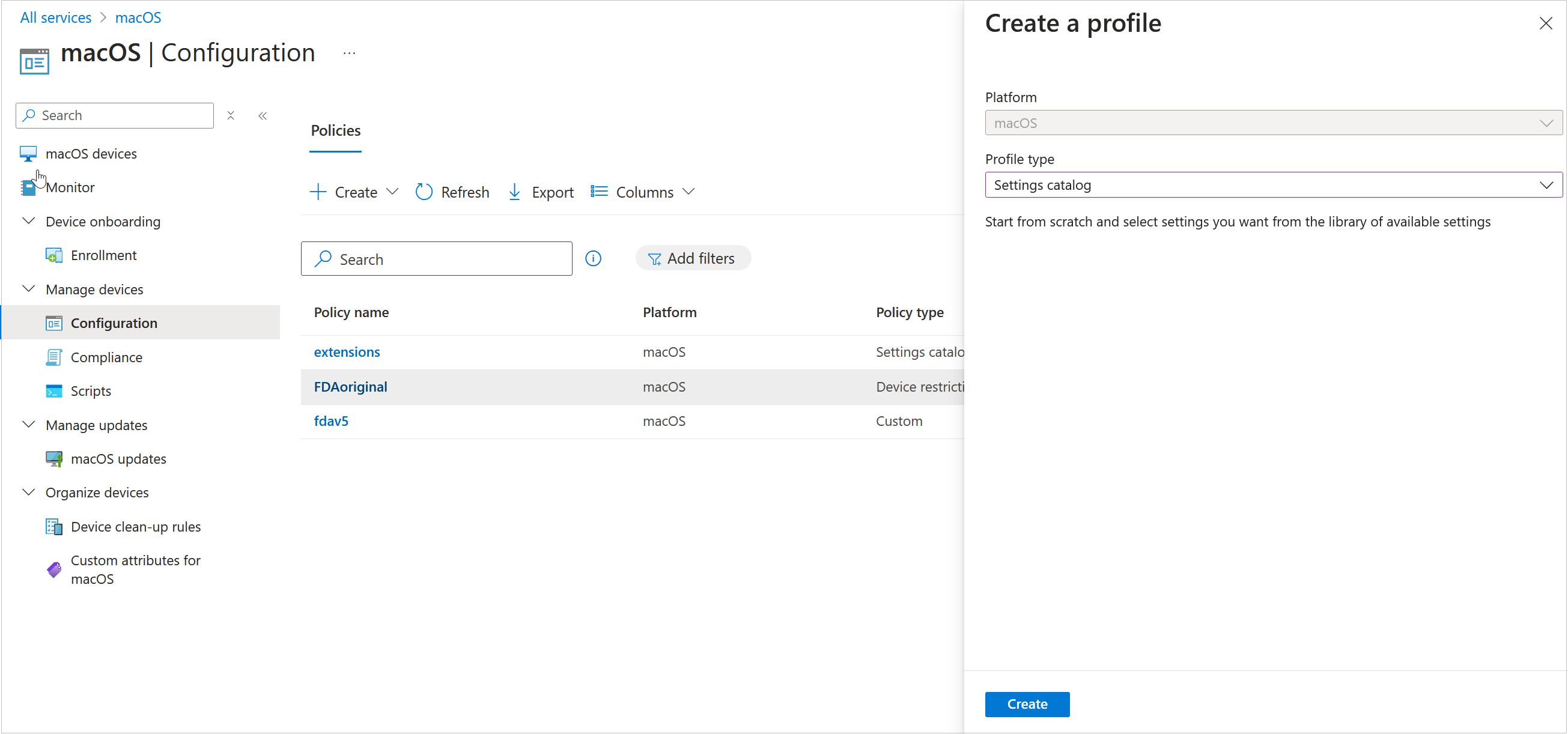 Screen shot of Intune Admin Center, macOS Configuration