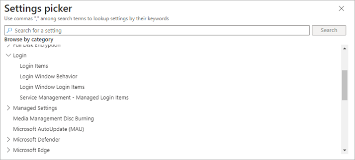 Screen shot of Intune Admin Center, Settings Picker