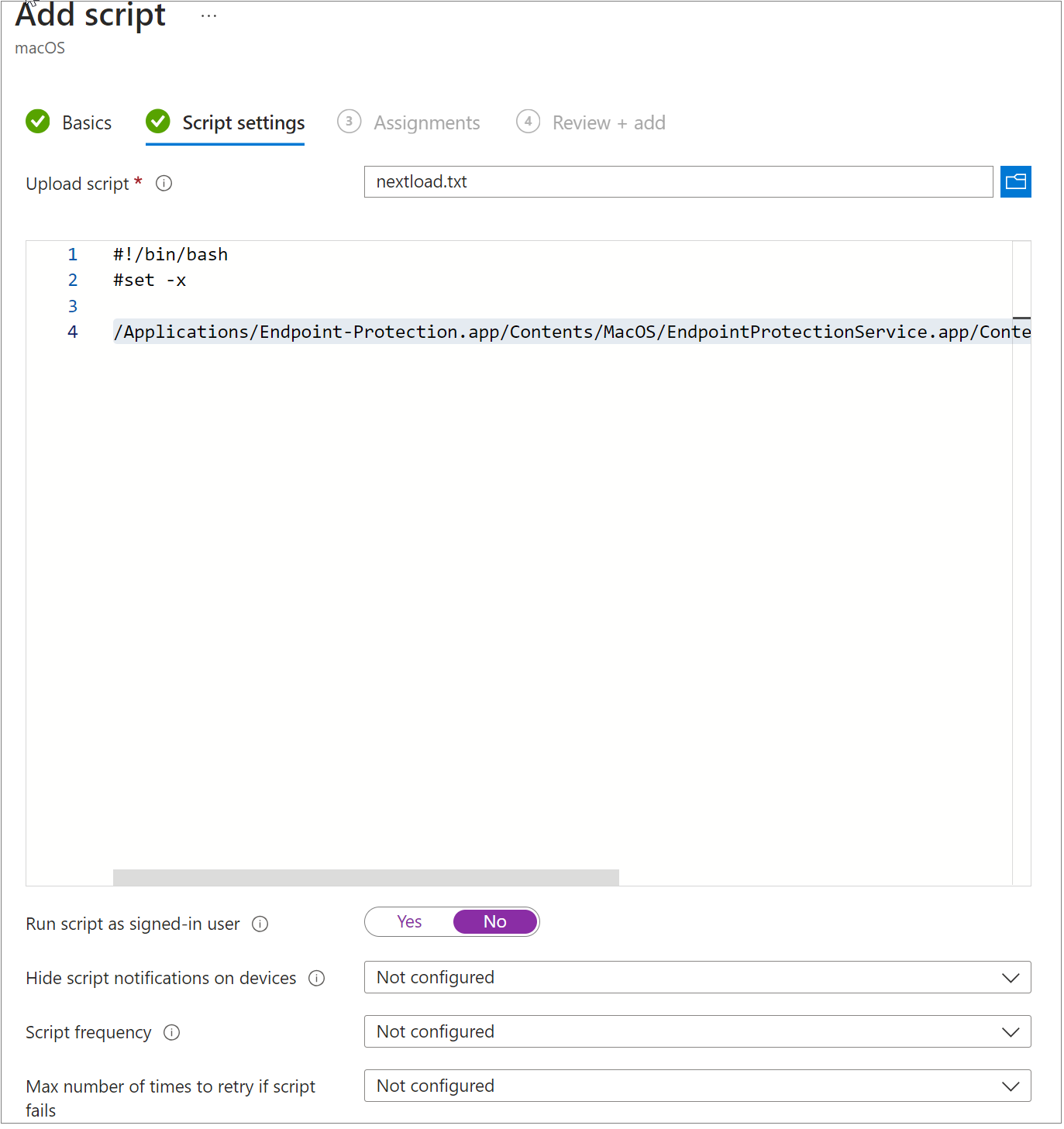 Screen shot of Intune Admin Center, Script Settings