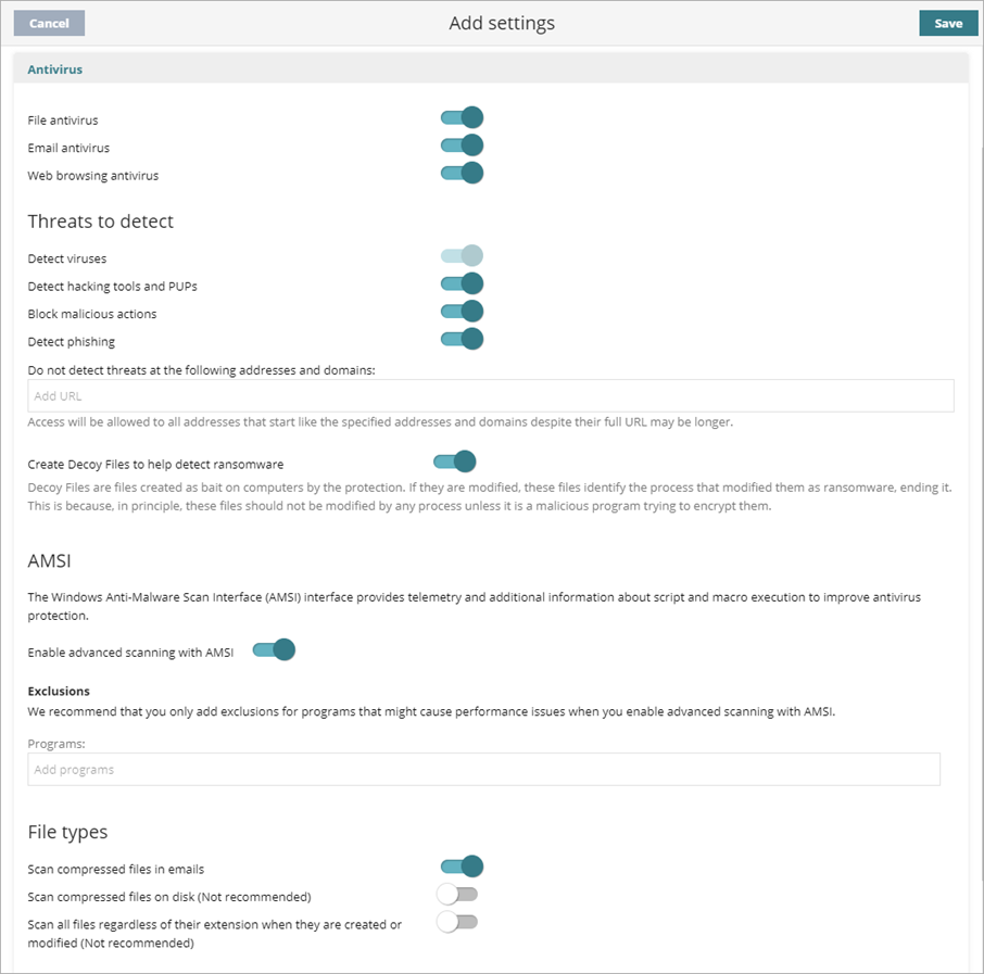 Screen shot of WatchGuard Endpoint Security, Add settings page