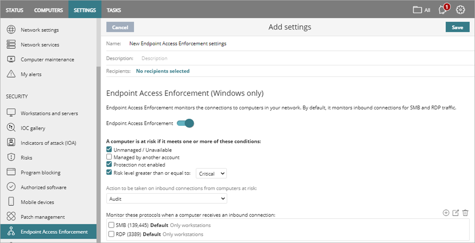 Screen shot of WatchGuard Endpoint Security, Endpoint Access Enforcement settings