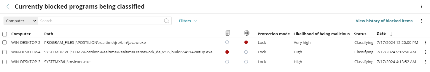 Screen shot of Current Blocked Programs Being Classified list