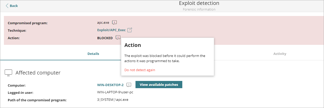 Screen shot of Exploit Detection page with pop-up