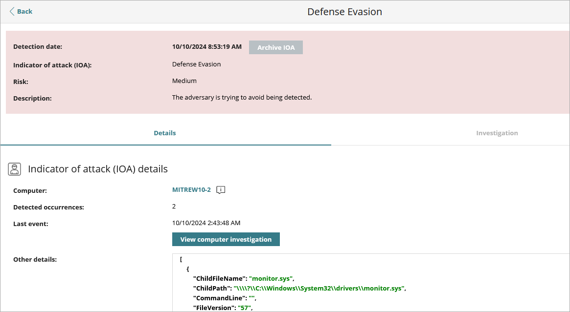 Screen shot of WatchGuard Endpoint Security, Indicators of Attack details for AEPDR