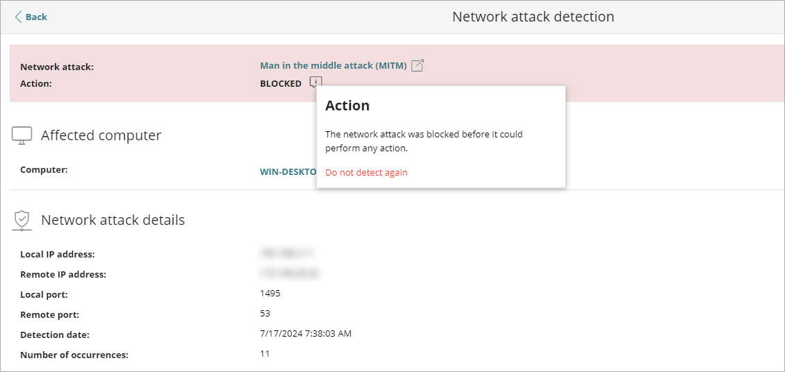 Screen shot of Network Attack Detection page with pop-up