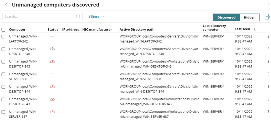  Screen shot of WatchGuard Endpoint Security, Unmanaged Computers Discovered list