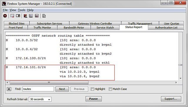 Screen shot of the OSPF network routing table