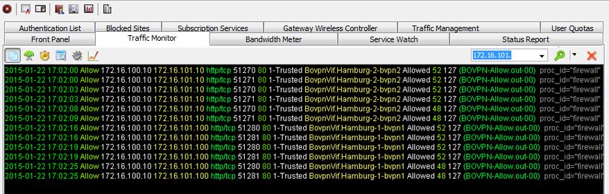 Screen shot of log messages in the Traffic Monitor tab.