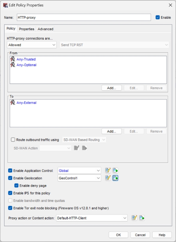 Screenshot of Edit Policy Properties dialog box Policy tab