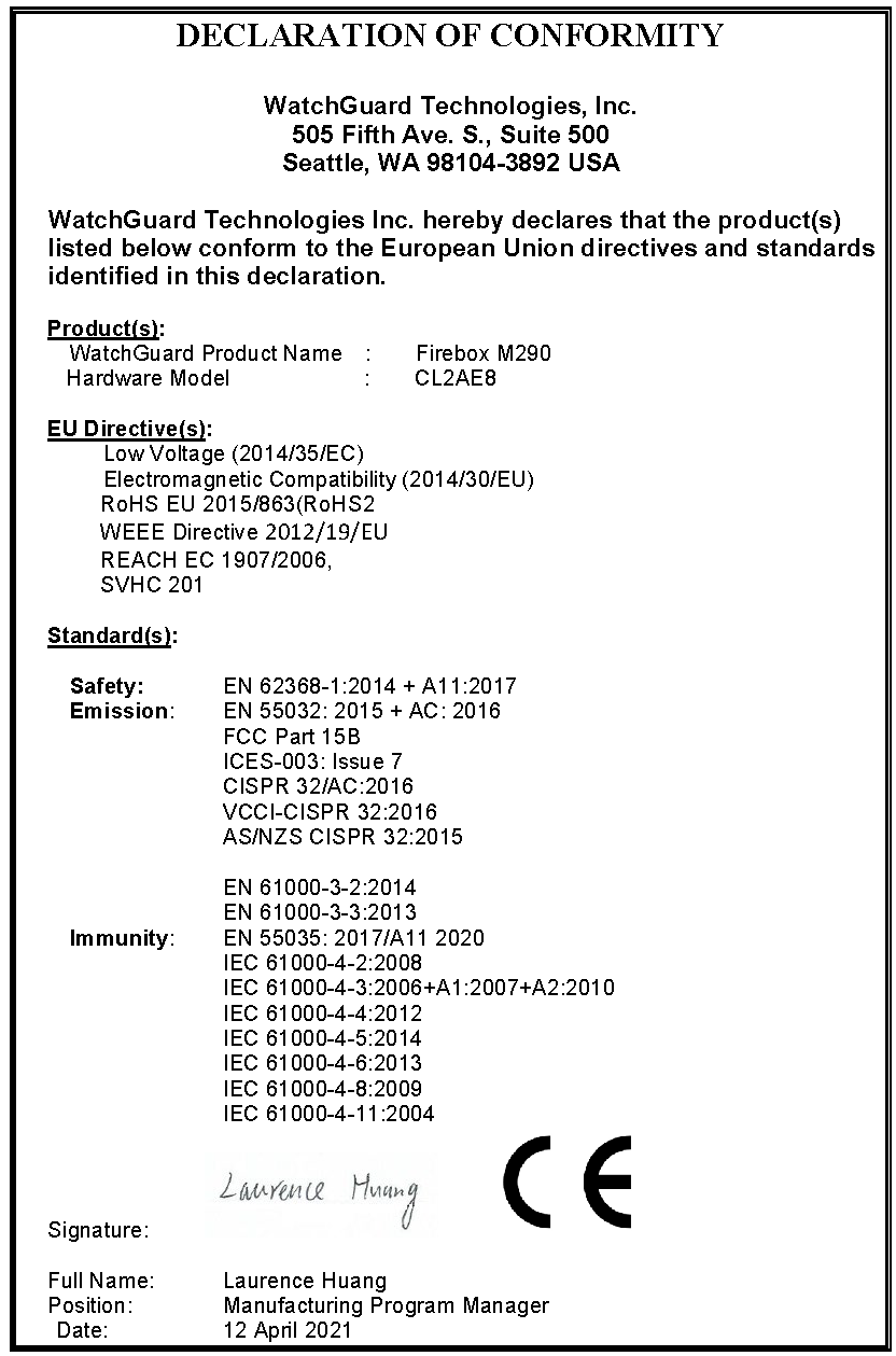 Declaration of Conformity for the M290