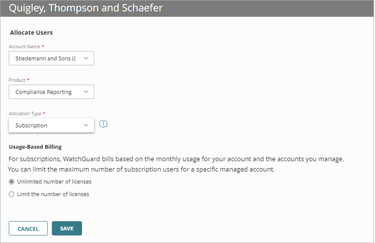 Screen shot of Allocate Users dialog box for Compliance Reporting subscription users