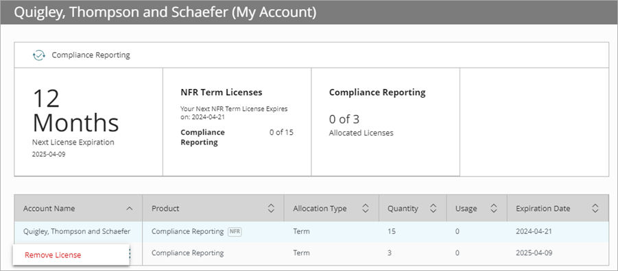 Screen shot of remove licenses in Compliance Reporting
