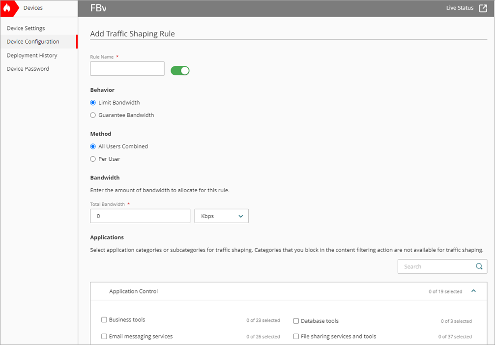 Screenshot of the Add Traffic Shaping Rule page.