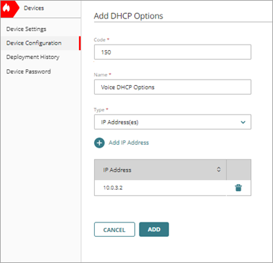 Screenshot of the Add DHCP Options page