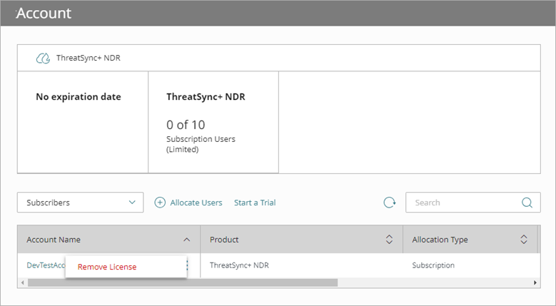 Screen shot of Allocation table for ThreatSync+ NDR, remove license action