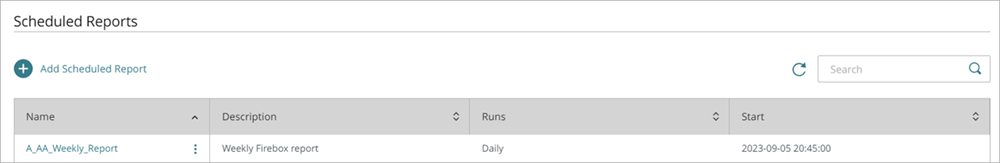 Screenshot of the Scheduled Reports list in WatchGuard Cloud