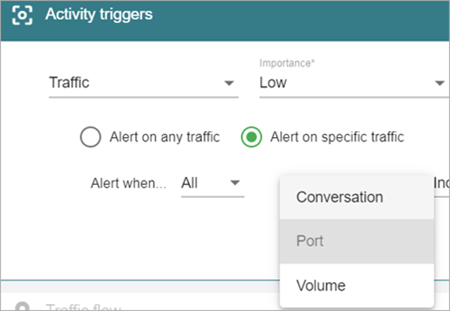 Screenshot of the Activity Triggers section that shows the traffic filters