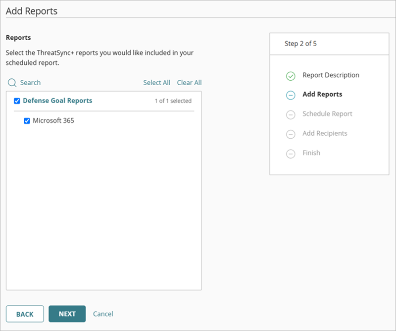 Screenshot of the Add Reports page in the Add a Scheduled Report Wizard, step 2