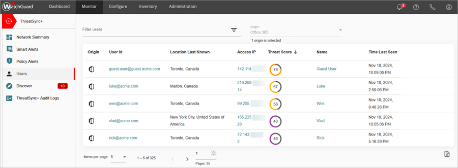 Screenshot of Users page in ThreatSync+ with a SaaS license