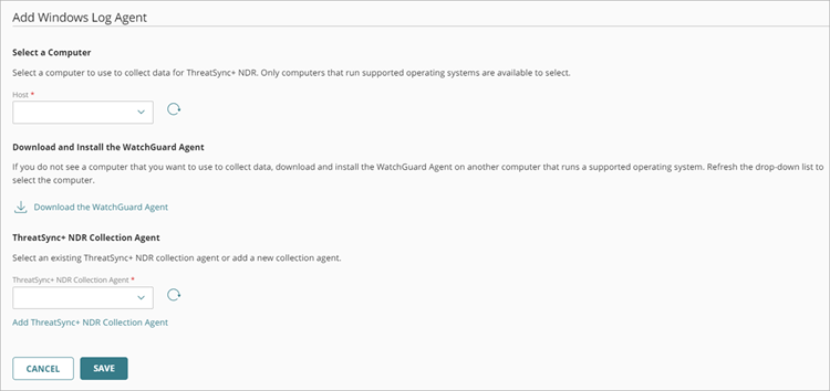 Screenshot of the Add Windows Log Agent page in ThreatSync+ NDR