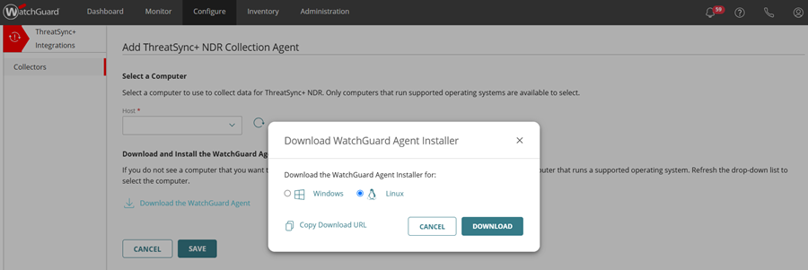 Screenshot of the Add ThreatSync+ NDR Collection Agent page that shows the Linux installer option