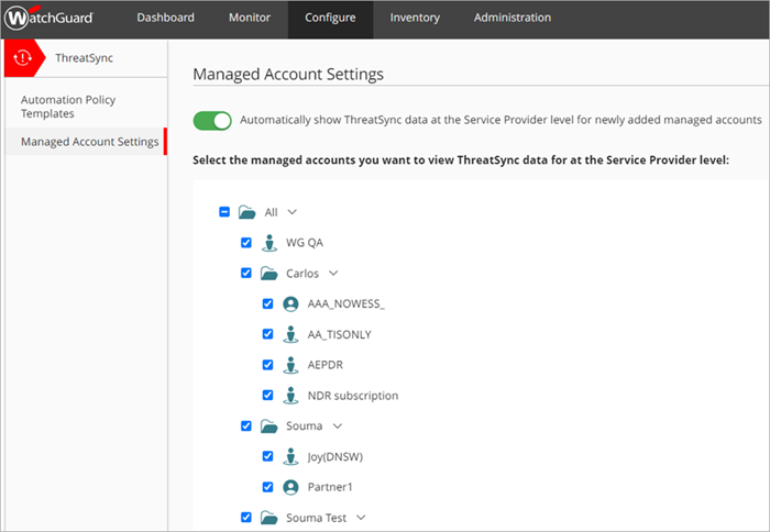 Screenshot of the Managed Account Settings page in ThreatSync