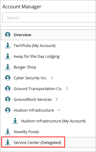 Screen shot of Account Manager, delegated account