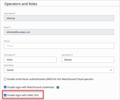 Screenshot of the edit operator settings enable login with sso check box