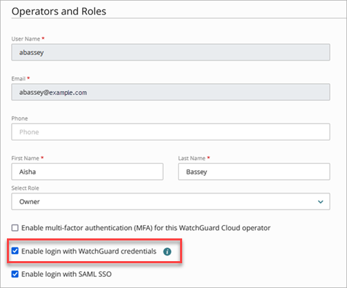 Screenshot of the edit operator settings enable login with WatchGuard credentials check box