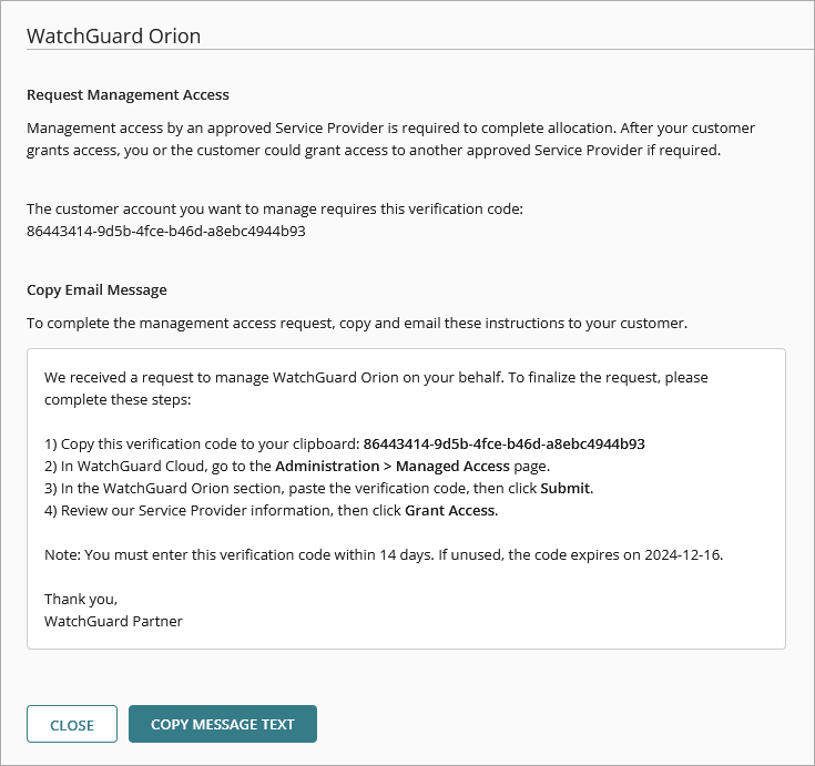 Screen shot of Managed Access page in WatchGuard Cloud, Copy Email Message