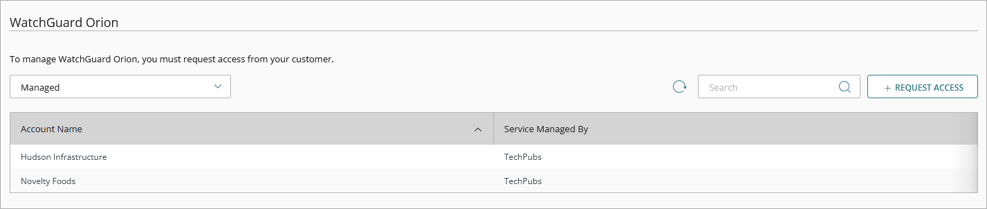 Screen shot of Managed Access page in WatchGuard Cloud, WatchGuard Orion section