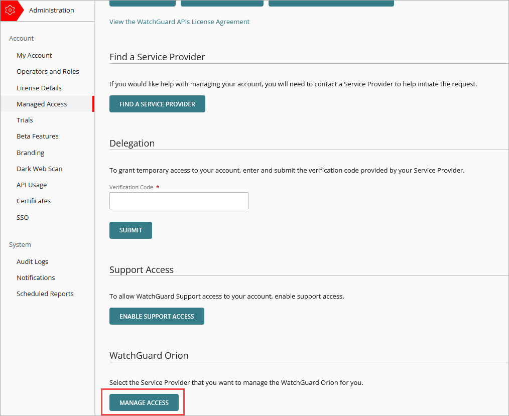 Screen shot of Managed Access page in WatchGuard Cloud