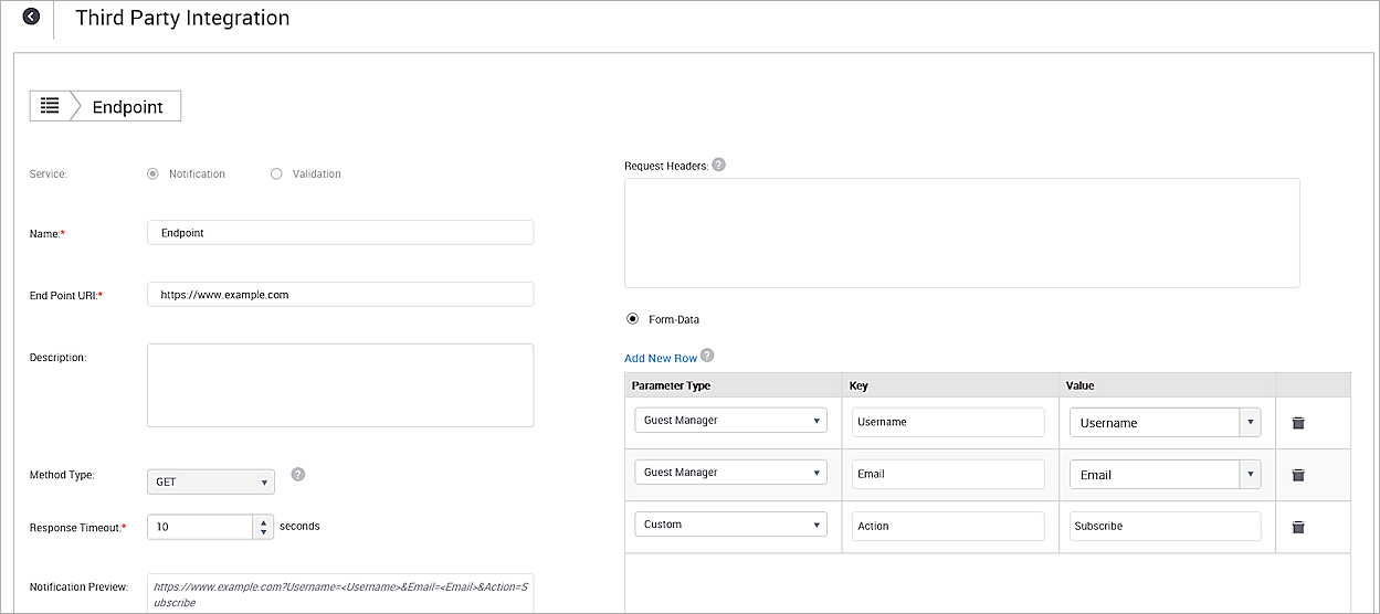 Screen shot of the Third-Party Endpoint configuration page