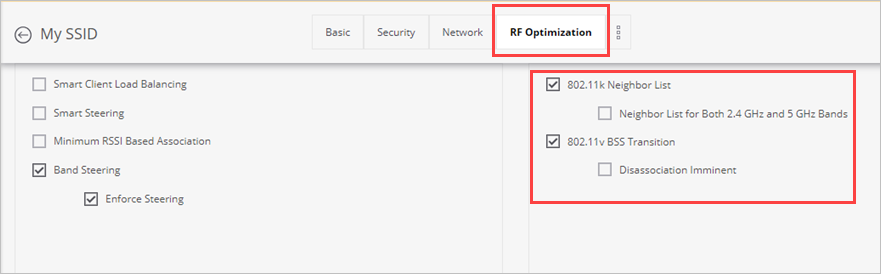 Screen shot of the RF Optimzation and 802.11k and 802.11v options in an SSID Profile