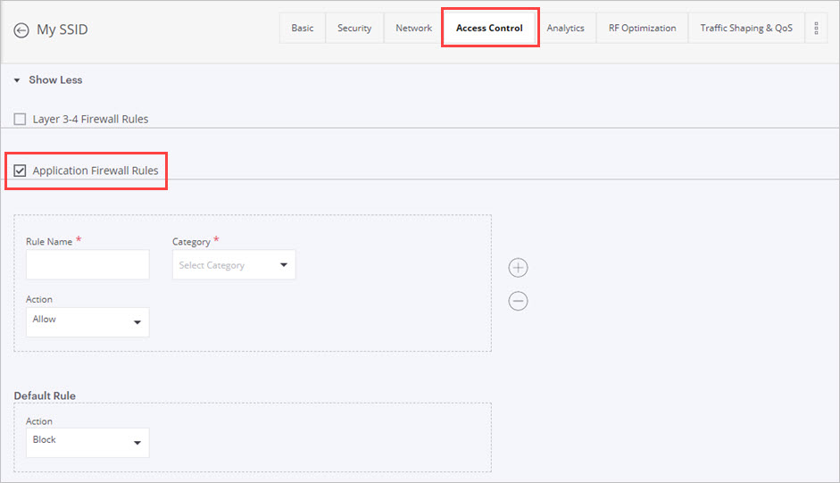 Screen shot of the Application Firewall page in an SSID Profile