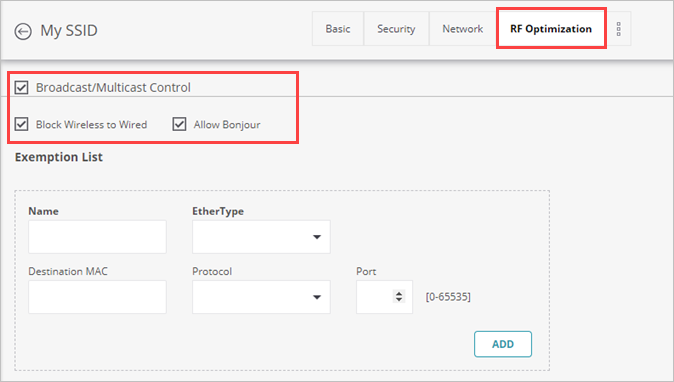 Screen shot of the Broadcast/Multicast control settings in an SSID Profile