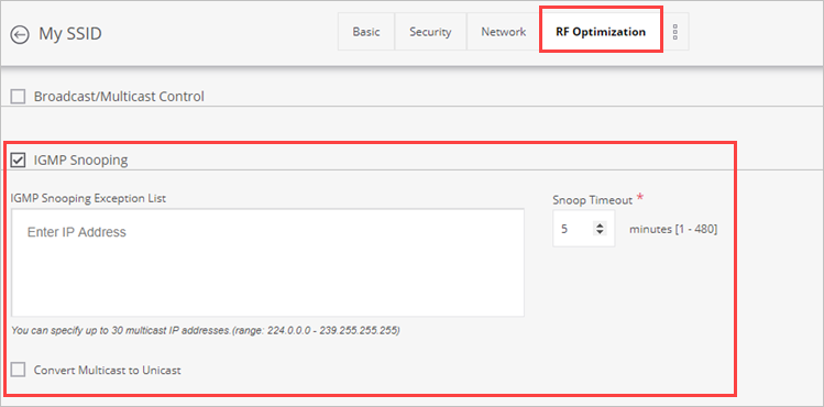 Screen shot of the IGMP Snooping settings in an SSID Profile