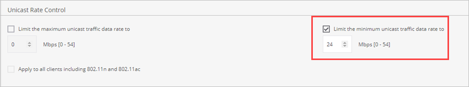 Screen shot of the Traffic & QoS section of an SSID Profile with Minimum unicast data rate