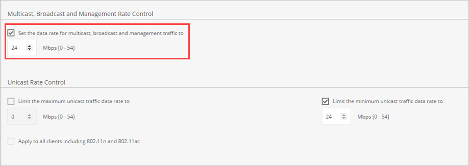 Screen shot of the Multicast, Broadcast, and Management Rate Control options in an SSID Profile