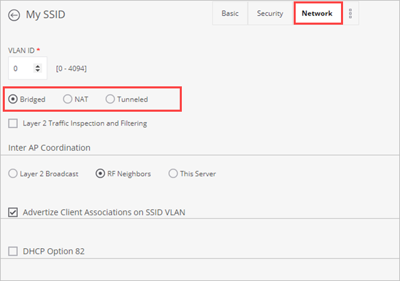 Screen shot of the network settings in an SSID Profile