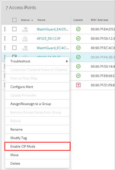 Screen shot of how to enable CIP mode on AP420 in Monitor > WiFi > Access Points