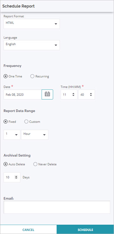 Screen shot of the Schedule Report configuration in Discover