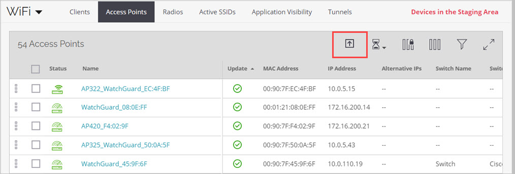 Screen shot of the Monitor > WiFi > Access Points page with the Firmware Update options icon highlighted