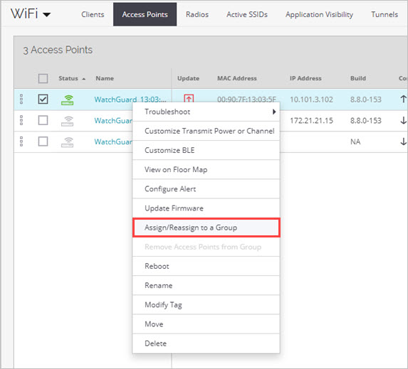 Screen shot of WiFi > Access Points page with Assign/Reassign to a Group option