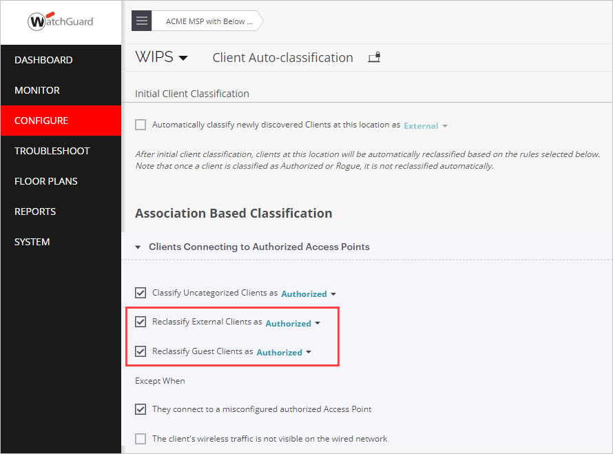 Screen shot of the Configure > WIPS > Client Auto-classification page in Discover