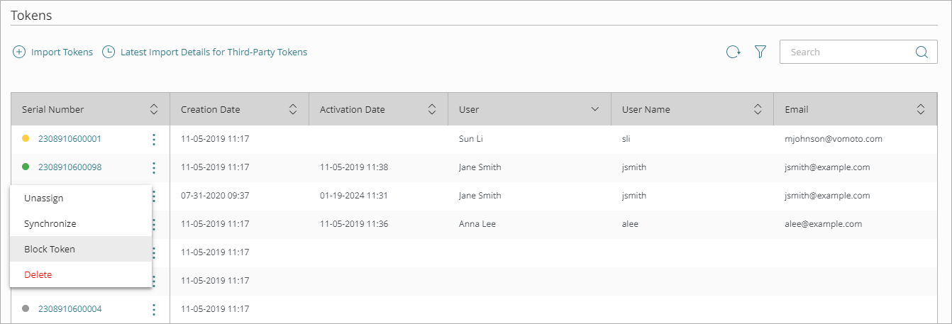 Screenshot that shows the Synchronize option in the hardware token menu.