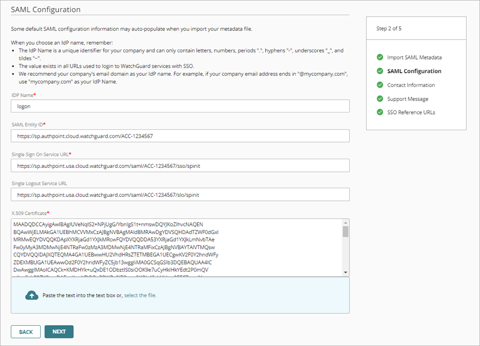 Screenshot of the SSO SAML Configuration page