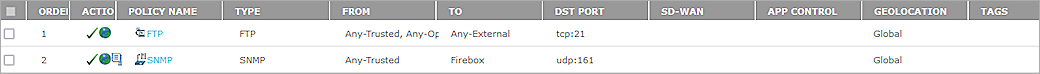 Screen shot of SNMP packet filter policy