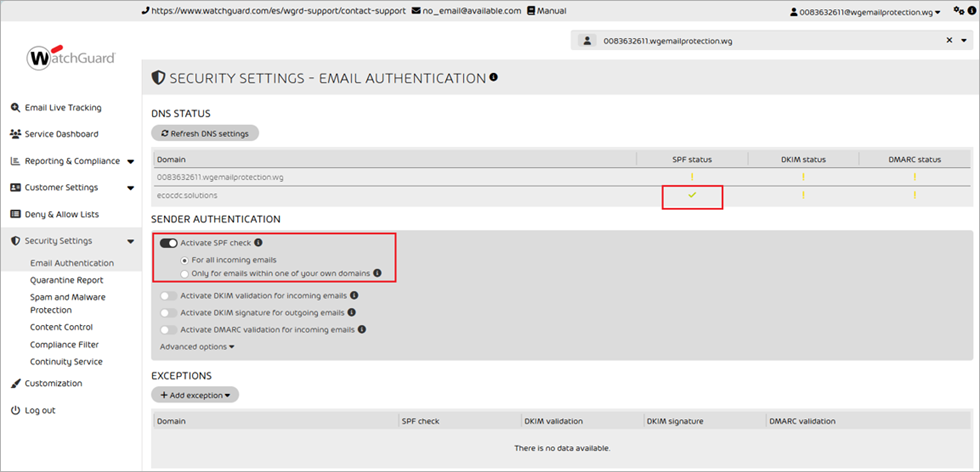 Screenshot of the SPF check status